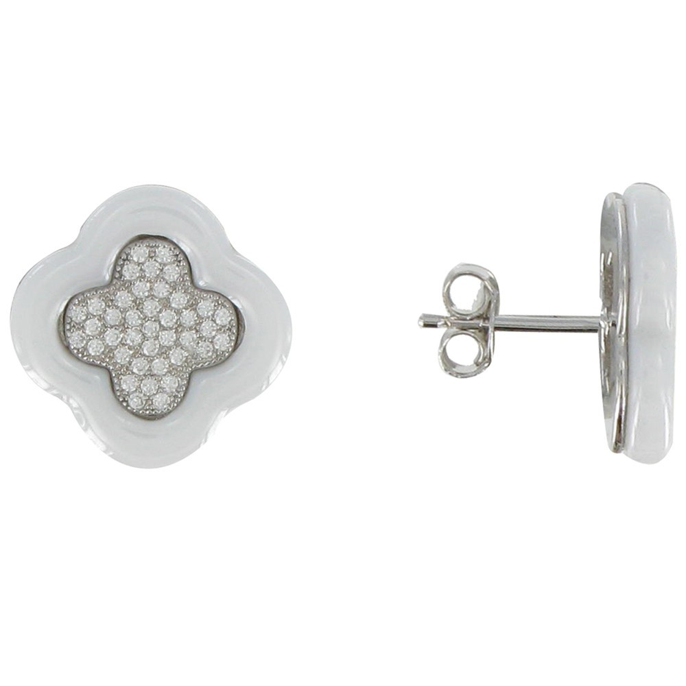 LES POULETTES BIJOUX Boucles d'Oreilles Argent Fleur Céramique Blanche et Strass