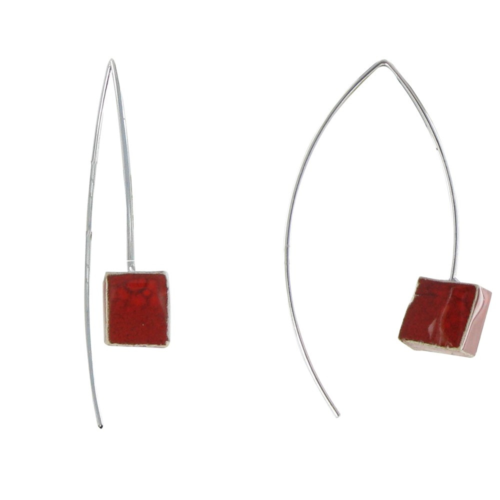LES POULETTES BIJOUX V Boucles d'Oreilles Cubes Céramique Rouge Crochet Métal