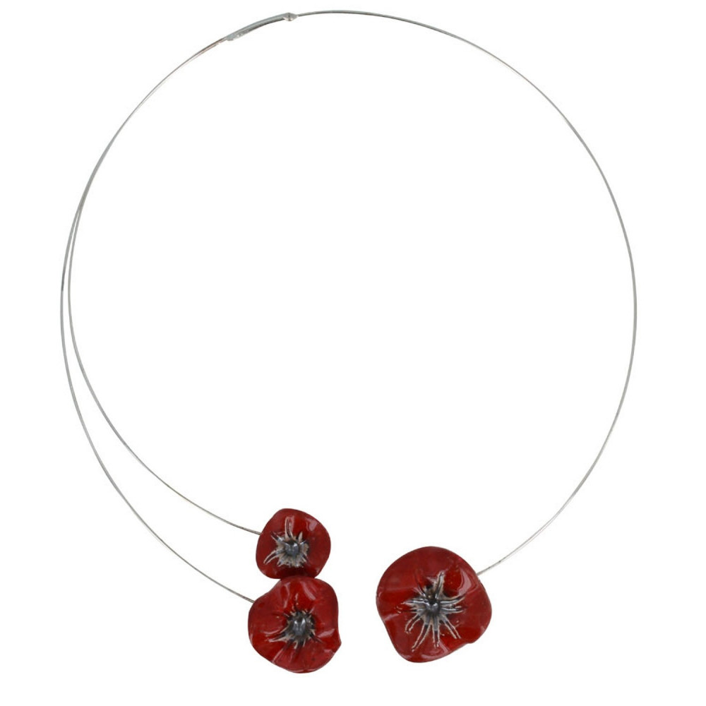 LES POULETTES BIJOUX Collier Ras de Cou Trois Coquelicots Céramique Rouge et Torque