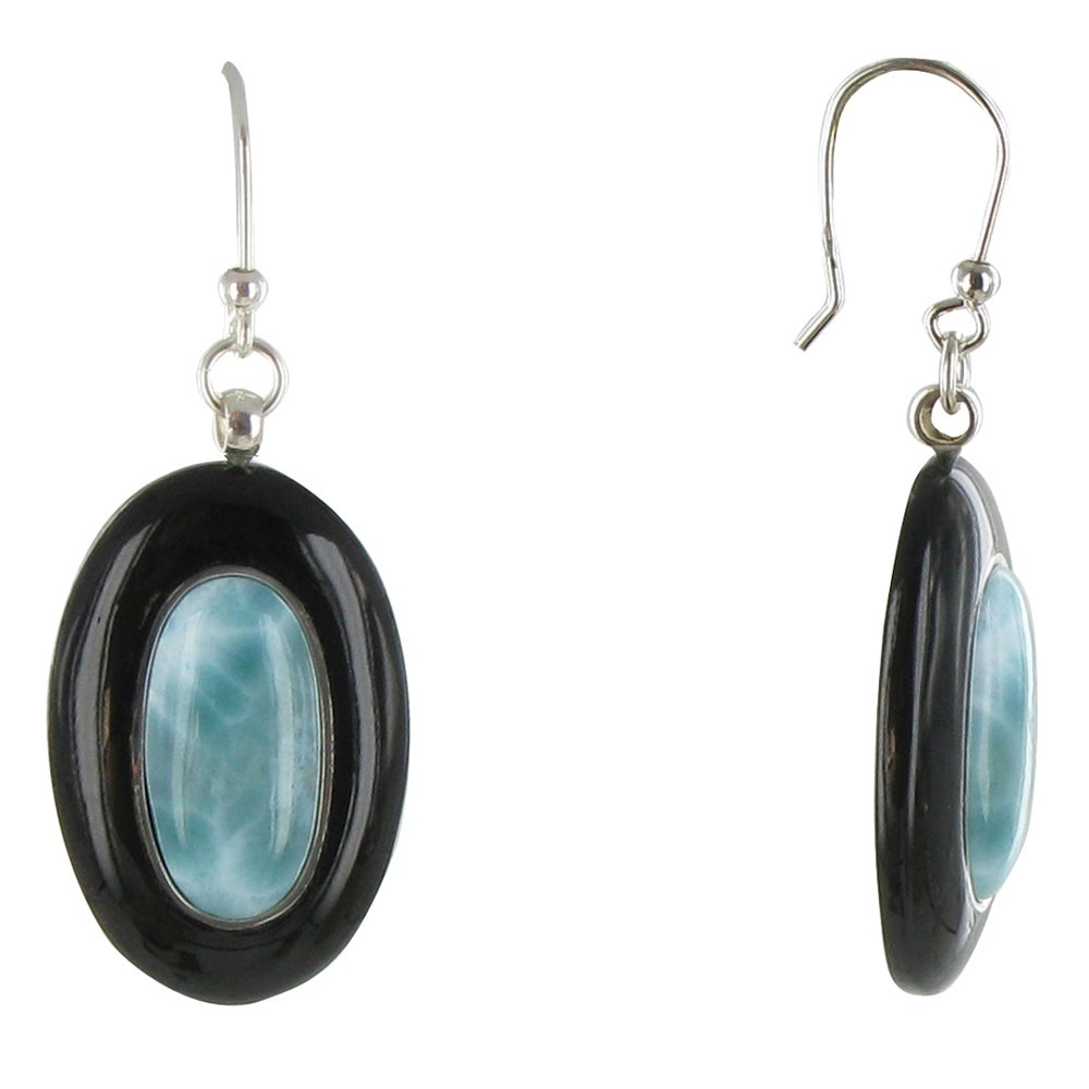 LES POULETTES BIJOUX - Boucles d'Oreilles Argent 925 Ovale Corne Noir et Larimar