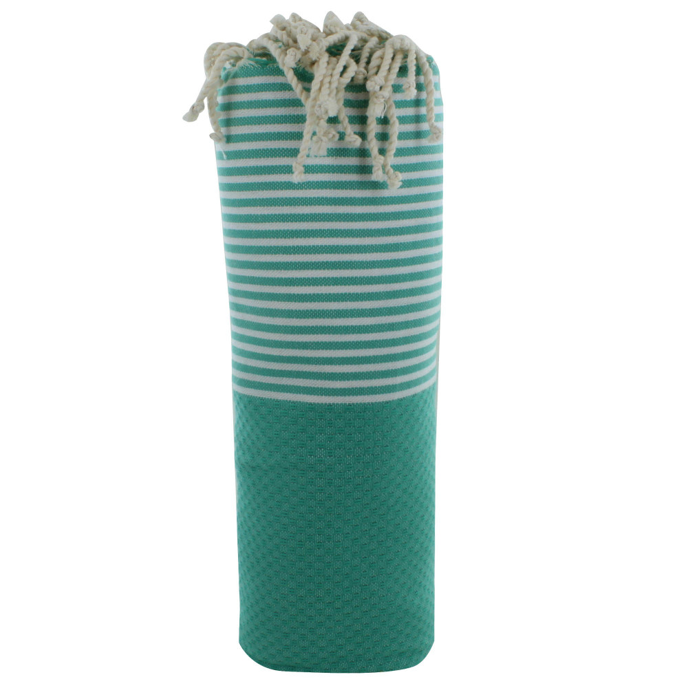LES POULETTES BIJOUX Fouta Drap Plage et Hammam Coton Nid d'Abeille Vert Rayé Blanc