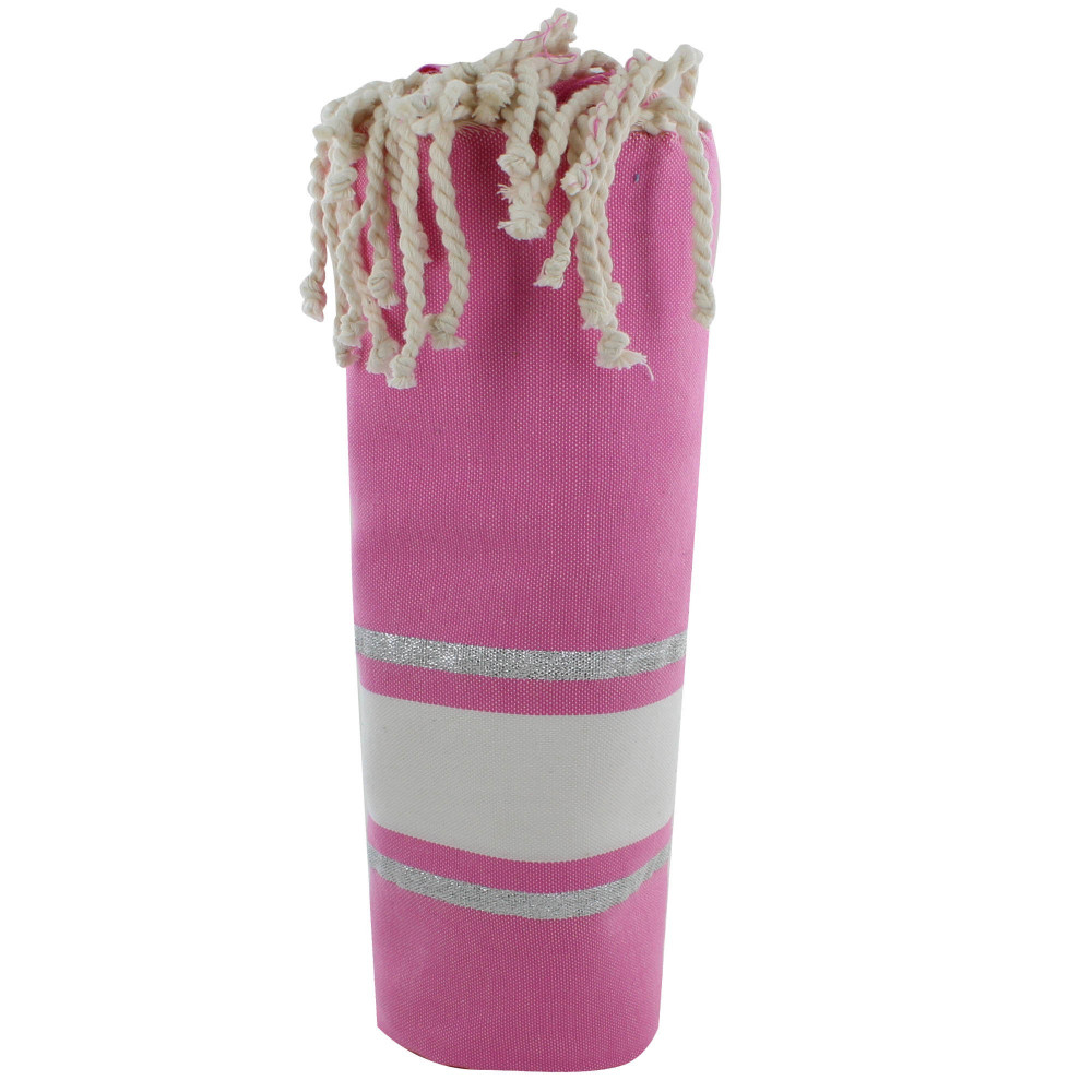 LES POULETTES BIJOUX V Fouta Drap Plage et Hammam Coton Fuchsia Rayé Blanc et Lurex