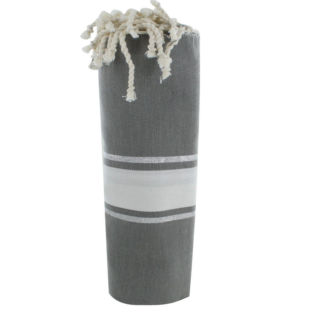 LES POULETTES BIJOUX V Fouta Drap Plage et Hammam Coton Kaki Rayé Blanc et Lurex Arg