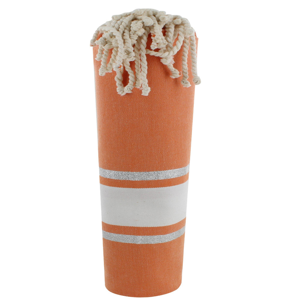 LES POULETTES BIJOUX Fouta Drap Plage et Hammam Coton Orange Rayé Blanc et Lurex Arg