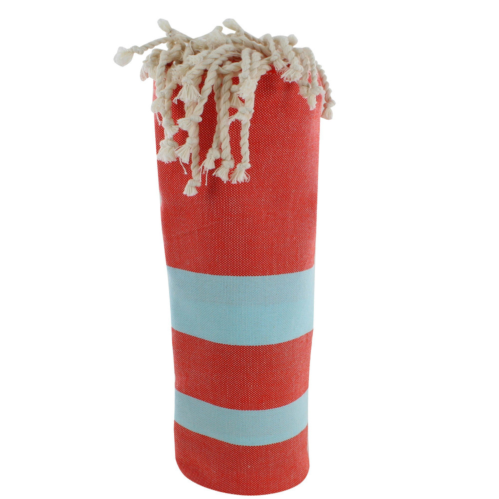 LES POULETTES BIJOUX Fouta Drap Plage et Hammam Coton Corail Rayé Turquoise