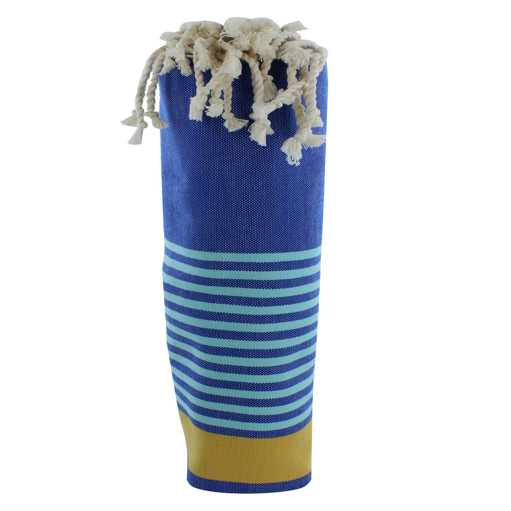 LES POULETTES BIJOUX V Fouta Drap Plage et Hammam Coton Couleur Bleu Rayé Jaune et B