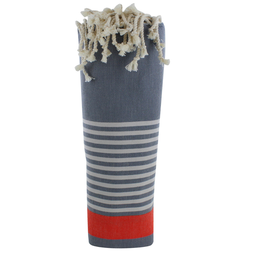 LES POULETTES BIJOUX Fouta Drap Plage et Hammam Coton Couleur Gris Rayé Corail et Bl