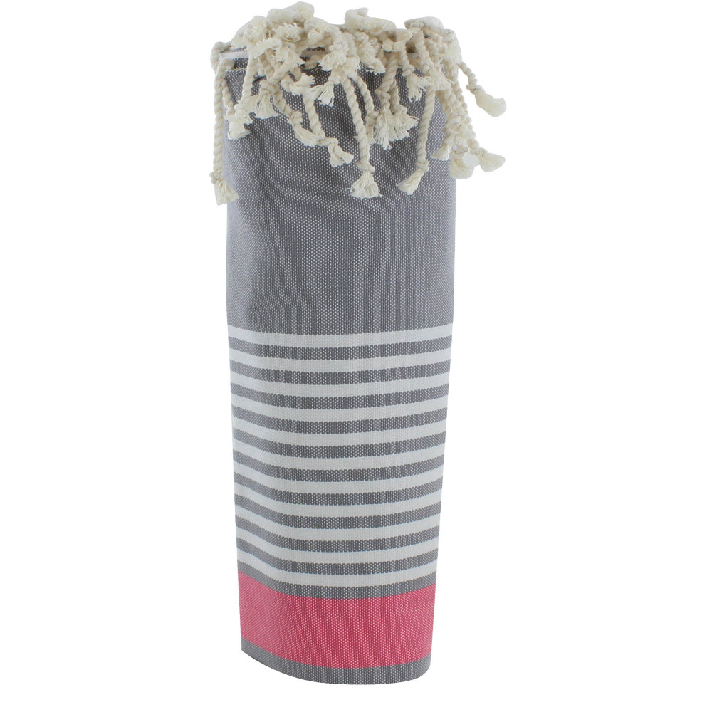 LES POULETTES BIJOUX V Fouta Drap Plage et Hammam Coton Couleur Gris Rayé Fuchsia et