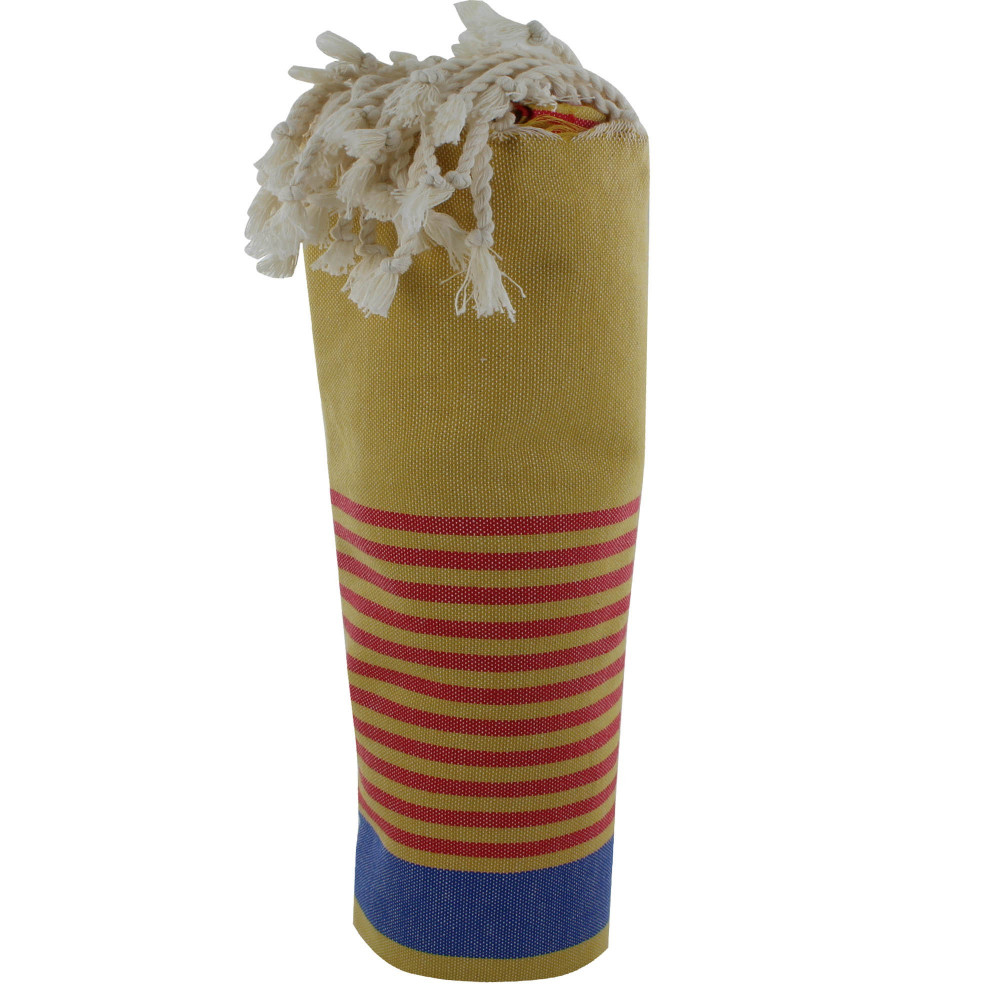 LES POULETTES BIJOUX - Fouta Drap Plage et Hammam Coton Couleur Jaune Rayé Rouge et