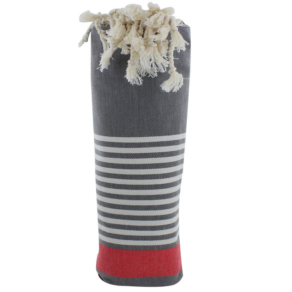 LES POULETTES BIJOUX V Fouta Drap Plage et Hammam Coton Couleur Gris Rayé Rouge et B