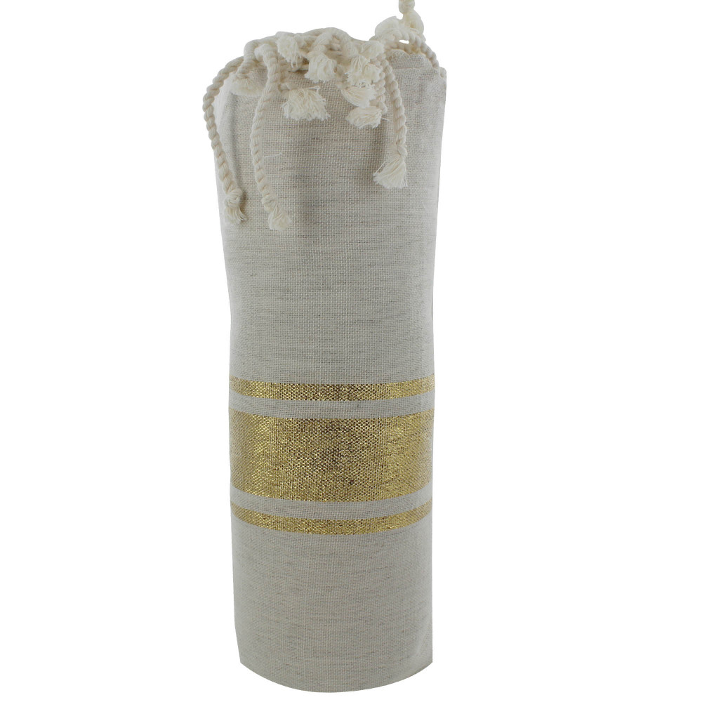 LES POULETTES BIJOUX V Fouta Drap Plage et Hammam Coton Beige Chiné Rayé Lurex Doré