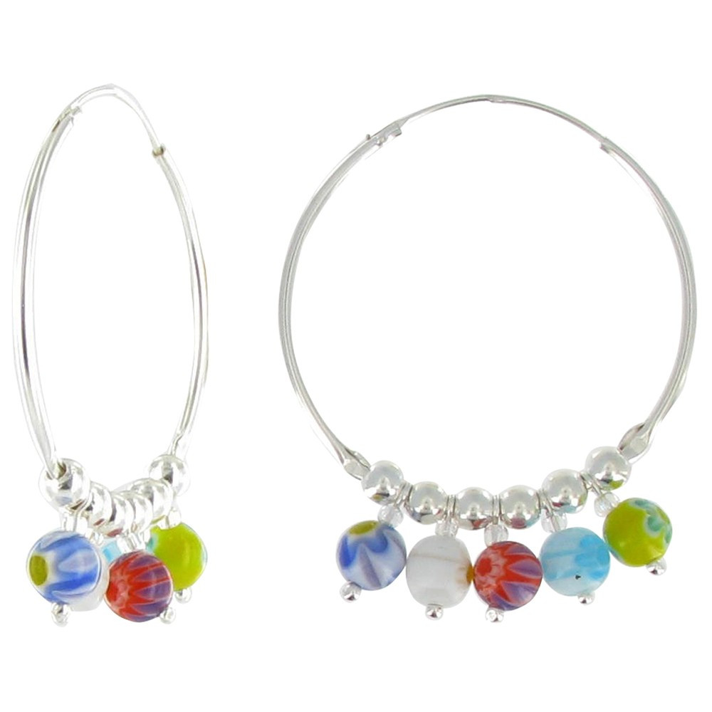 LES POULETTES BIJOUX Boucles d'Oreilles Créoles et ses Cinq Perles de Verre Multicol