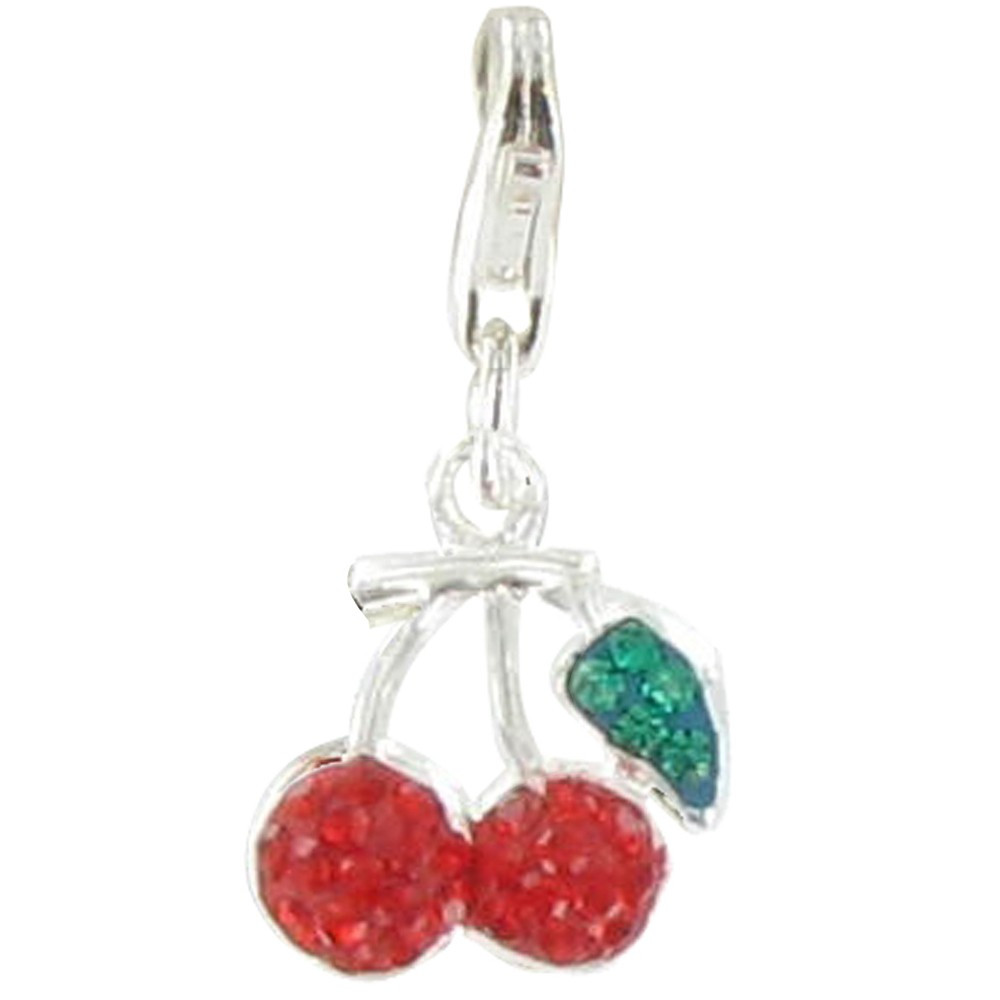 LES POULETTES BIJOUX V Charms Bracelet Argent Cerises Griottes Strass Verts et Rouges