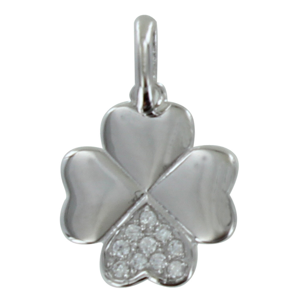 LES POULETTES BIJOUX Pendentif Trèfle Argent Rhodié et Une Pétale de Strass