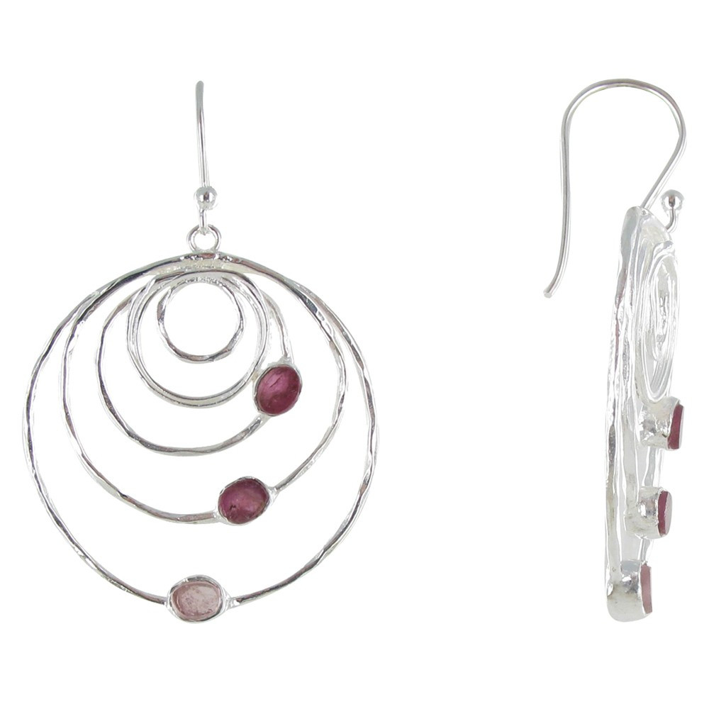 LES POULETTES BIJOUX Boucles d'Oreilles Argent Cinq Anneaux et Trois Pierres de Tour