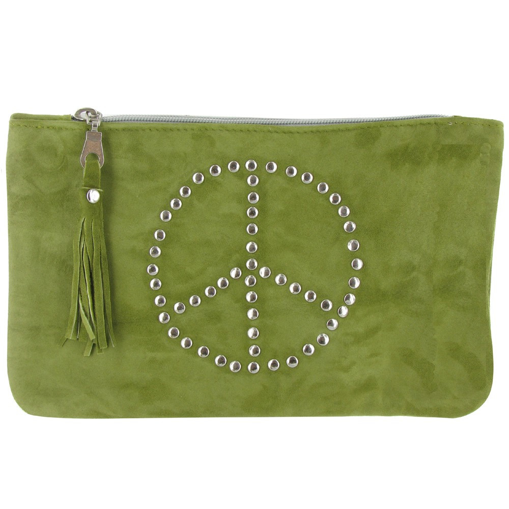 LES POULETTES BIJOUX - V Pochette Sac Daim Clouté Signe Peace and Love Couleur Vert