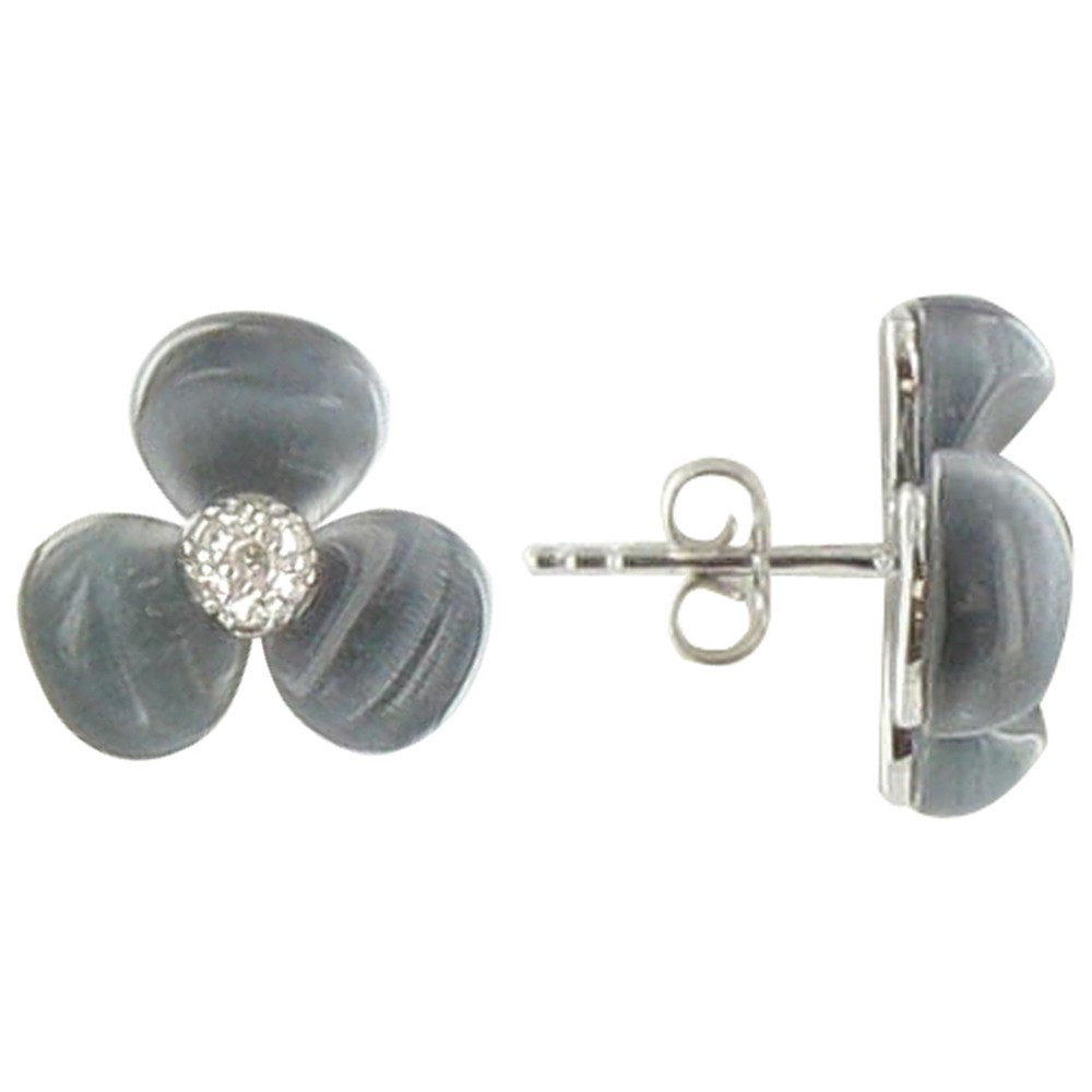 LES POULETTES BIJOUX V Boucles d'Oreilles Puces Argent Fleurs et Oeil de Chat Gris