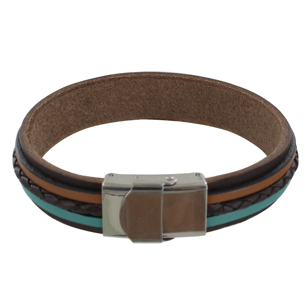 LES POULETTES BIJOUX Bracelet Homme Manchette Marron Foncé Cuir Marron Clair et Turq