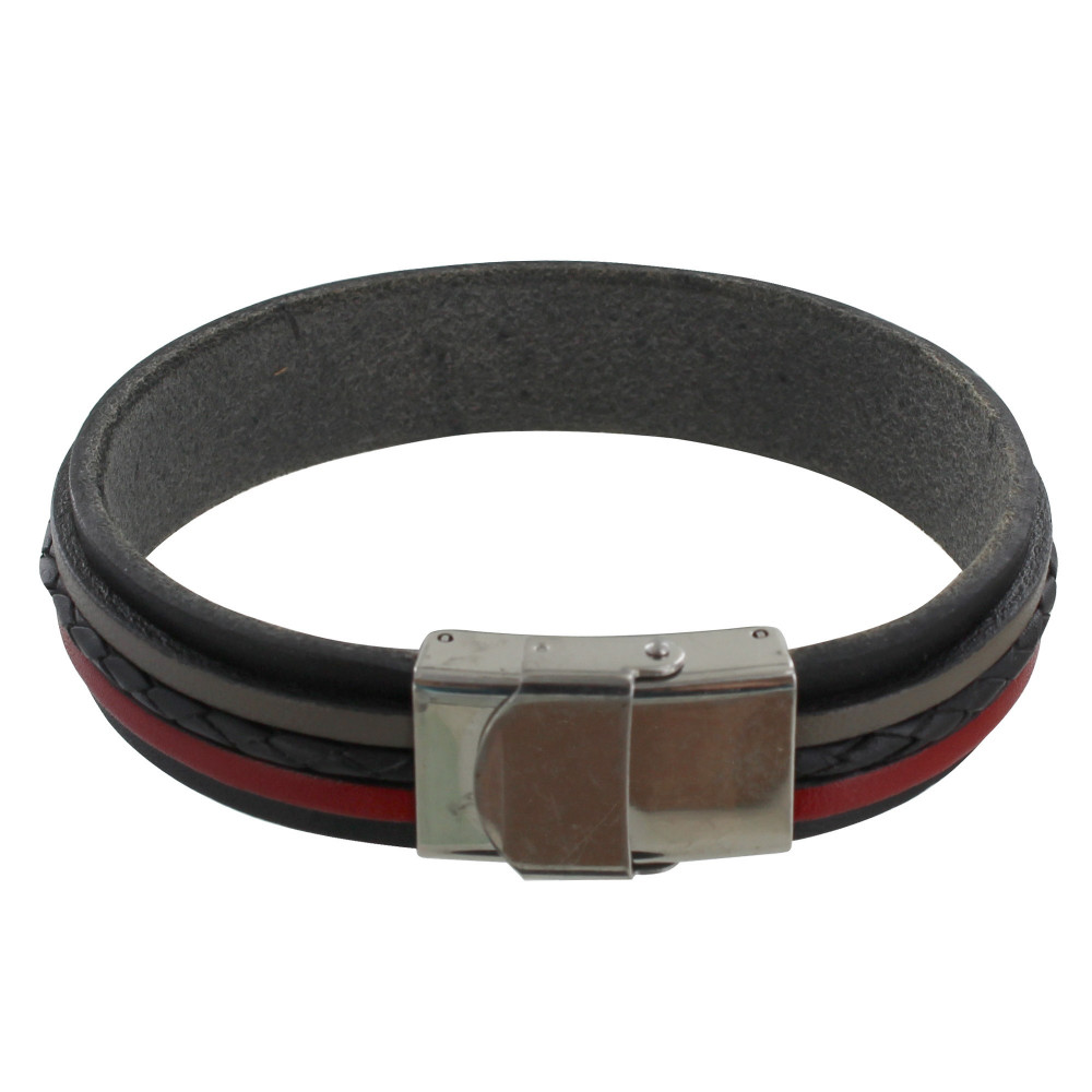 LES POULETTES BIJOUX Bracelet Homme Manchette Noir Cuir Gris et Rouge