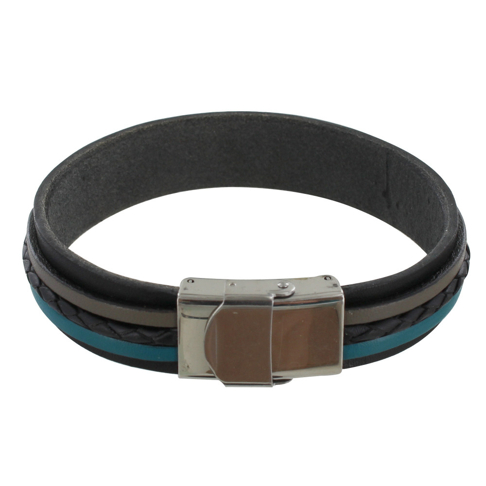 LES POULETTES BIJOUX Bracelet Homme Manchette Noir Cuir Gris et Turquoise