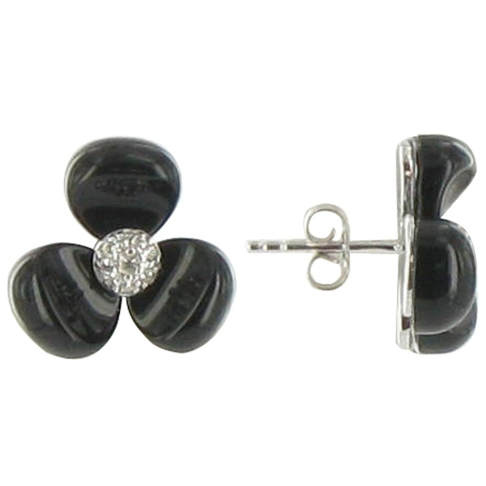 LES POULETTES BIJOUX V Boucles d'Oreilles Puces Argent Fleurs et Onyx Noir