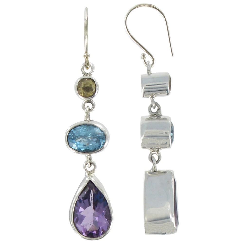 LES POULETTES BIJOUX V Boucles d'Oreilles Argent Trois Pierres Citrine, Améthyste et
