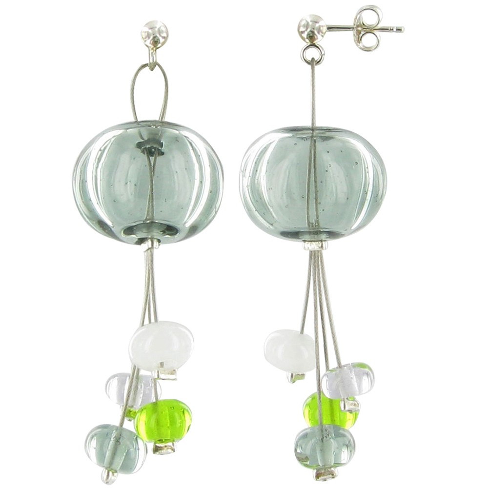 LES POULETTES BIJOUX V Boucles d'Oreilles Bouquet de Verre Grise et ses Tiges de Per