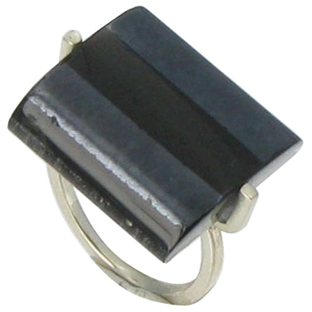 LES POULETTES BIJOUX Bague Rayures Verre Rectangle Noire et noire métallisée.