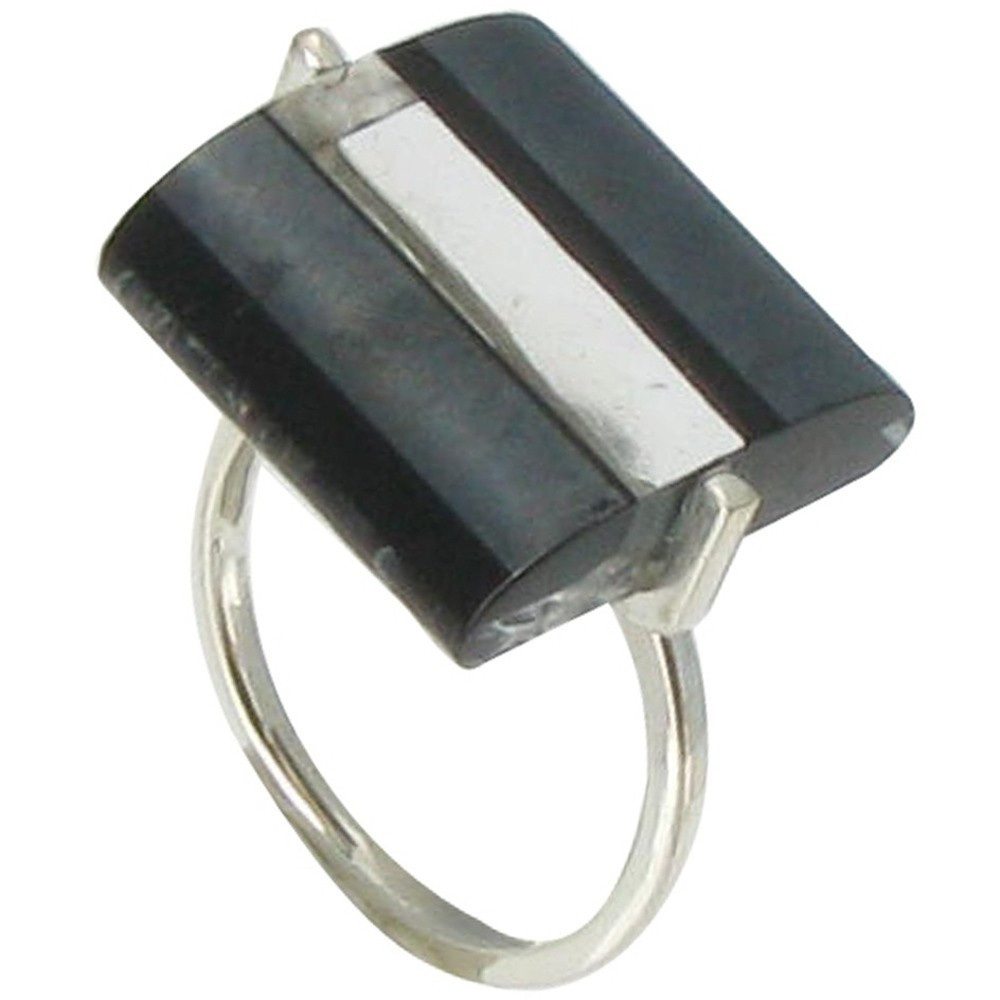 LES POULETTES BIJOUX Bague Rayures Verre Rectangle Noire et Transparente.