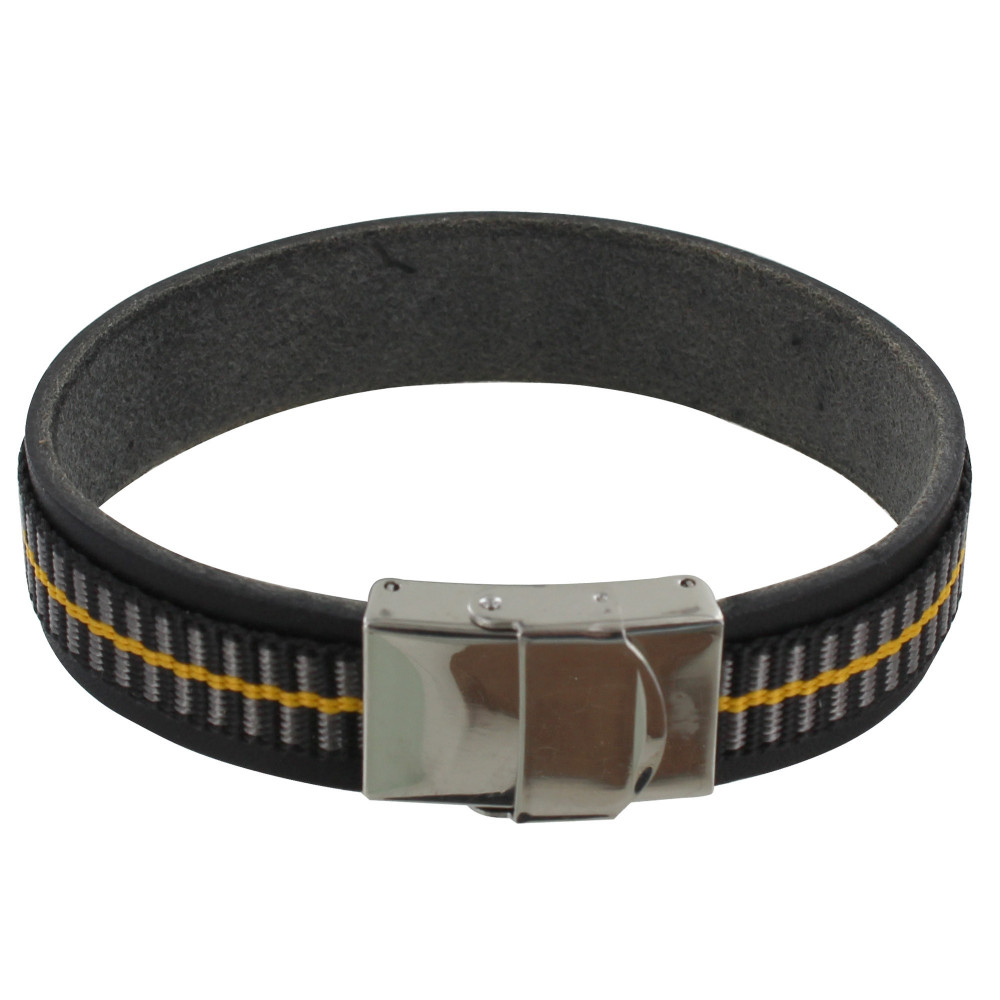 LES POULETTES BIJOUX Bracelet Homme Cuir Noir Galon Jaune et Noir