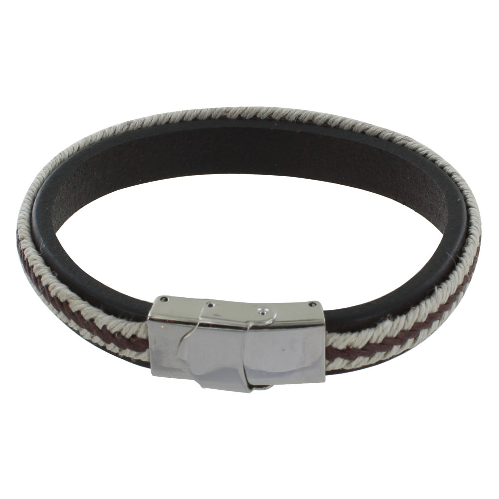 LES POULETTES BIJOUX - Bracelet Homme Cuir Marron Tresse en Lin Marron et Beige