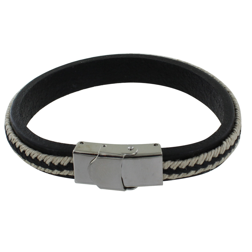 LES POULETTES BIJOUX Bracelet Homme Cuir Noir Tresse en Lin Noir et Beige