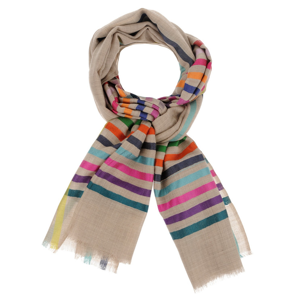 LES POULETTES BIJOUX V Foulard Laine et Soie Rayures Colors - Jaune