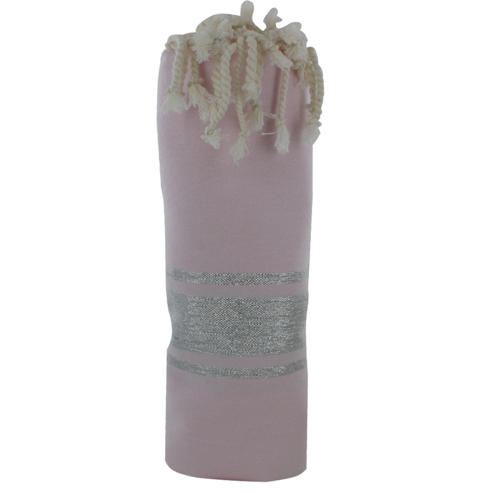 LES POULETTES BIJOUX V Fouta Drap Plage et Hammam Coton Rose Pâle Rayé Lurex Argent