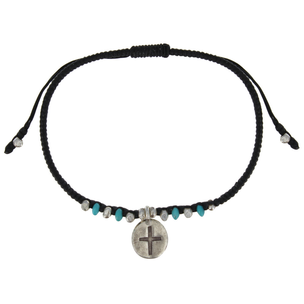 LES POULETTES BIJOUX - Bracelet Médaille Croix Argent et Perles Turquoise Lien Noir