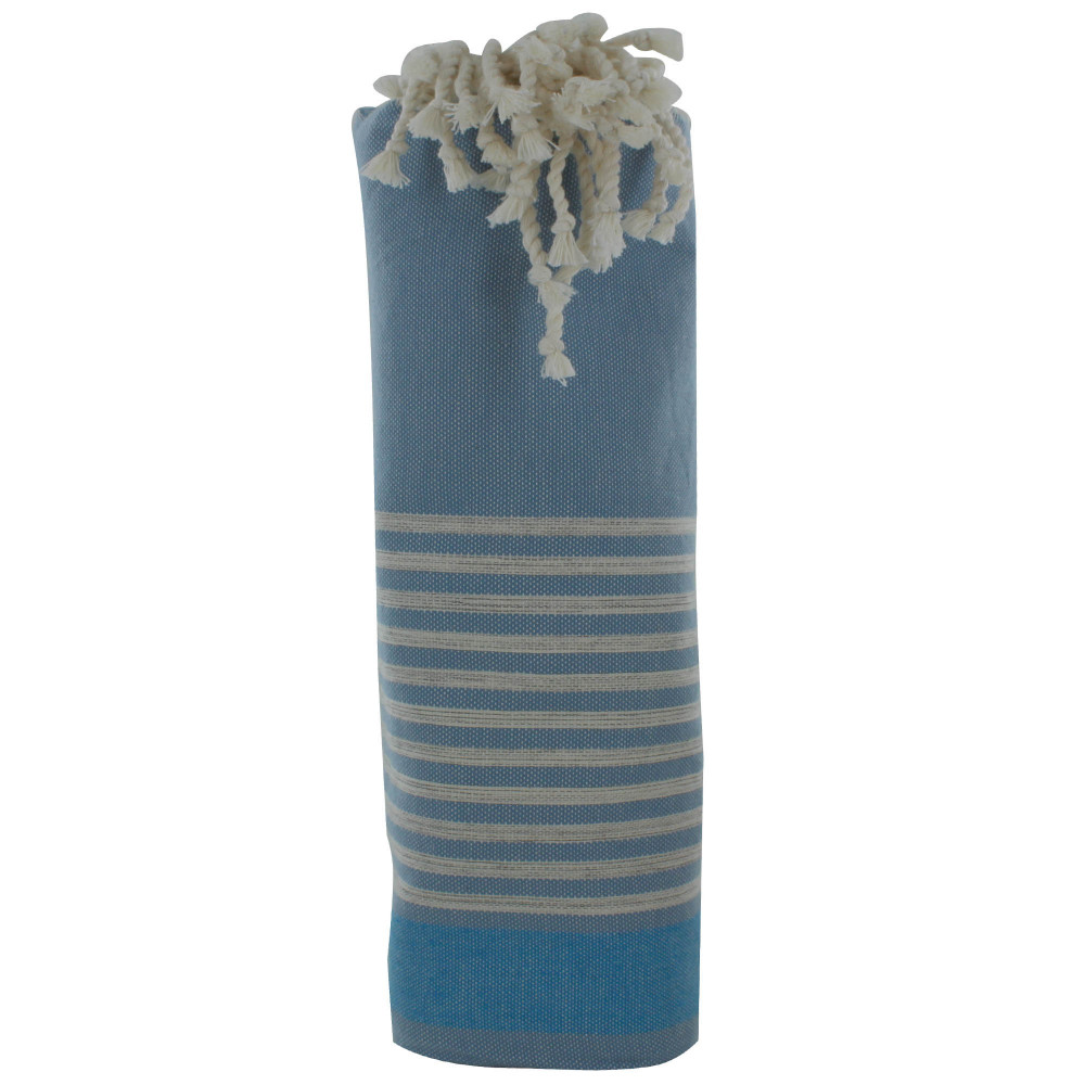 LES POULETTES BIJOUX Fouta Drap Plage et Hammam Coton Couleur Bleu Pâle Rayé Turquoi