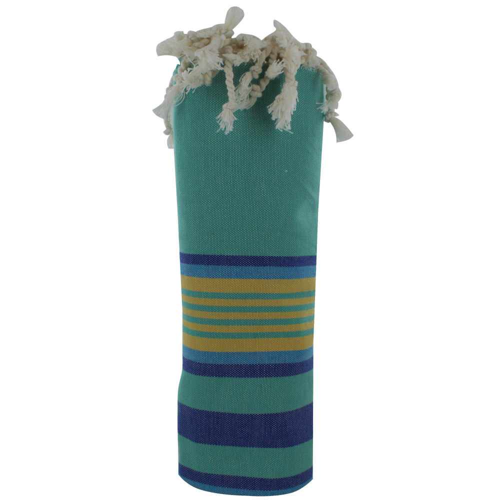 LES POULETTES BIJOUX Fouta Drap Plage et Hammam Coton Vert Rayé Jaune et Bleu