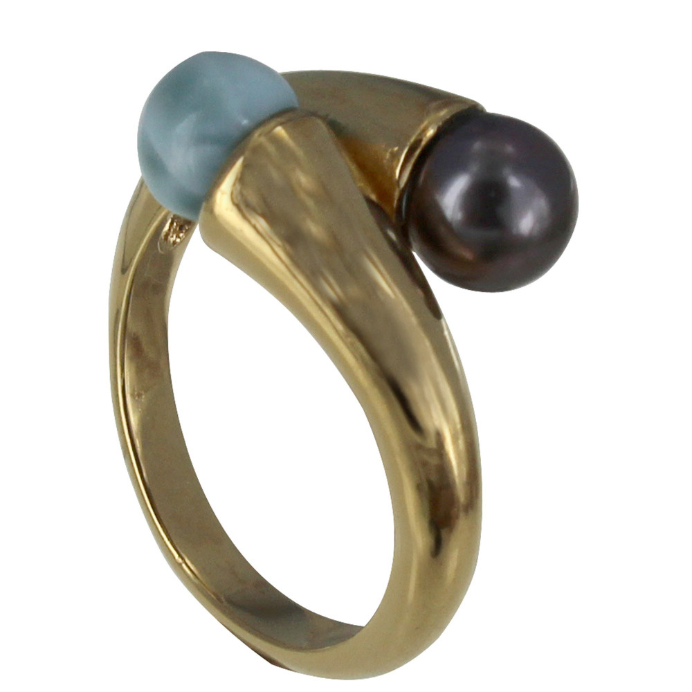 LES POULETTES BIJOUX - Bague Plaqué Or Perles de Tahiti et de Larimar - taille 52