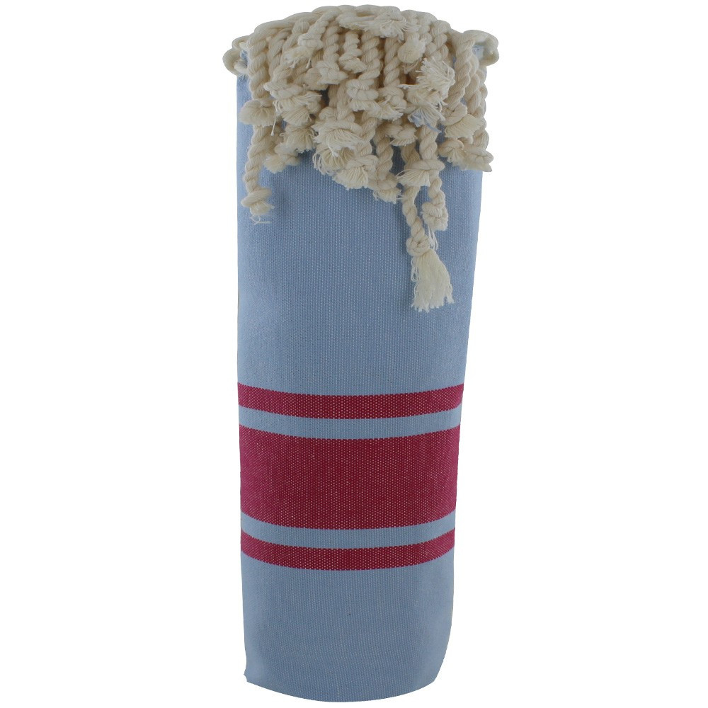 LES POULETTES BIJOUX Fouta Drap Plage et Hammam Coton Couleur Bleu Ciel Bandes Fuchs