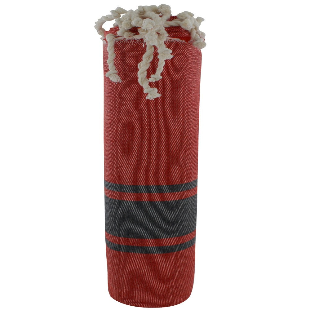 LES POULETTES BIJOUX V Fouta Drap Plage et Hammam Coton Couleur Rouge Bandes Noires