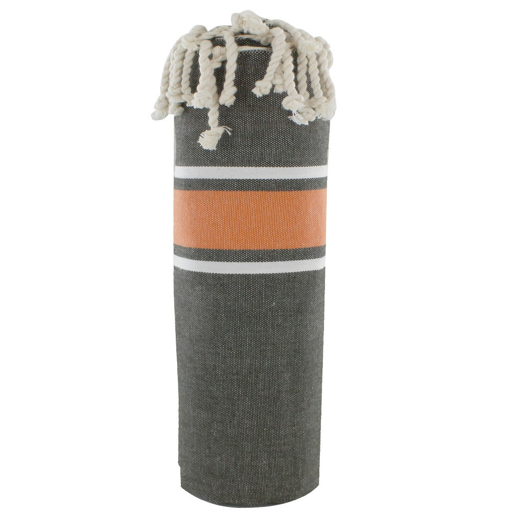 LES POULETTES BIJOUX V Fouta Drap Plage et Hammam Coton Couleur Marron Bandes Orange