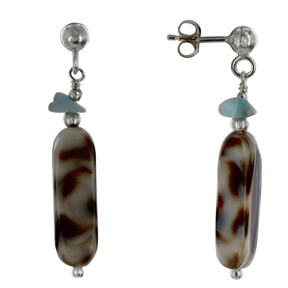 LES POULETTES BIJOUX Boucles d'Oreilles Argent Lamelle Nacre Tigrée et Pépites de La