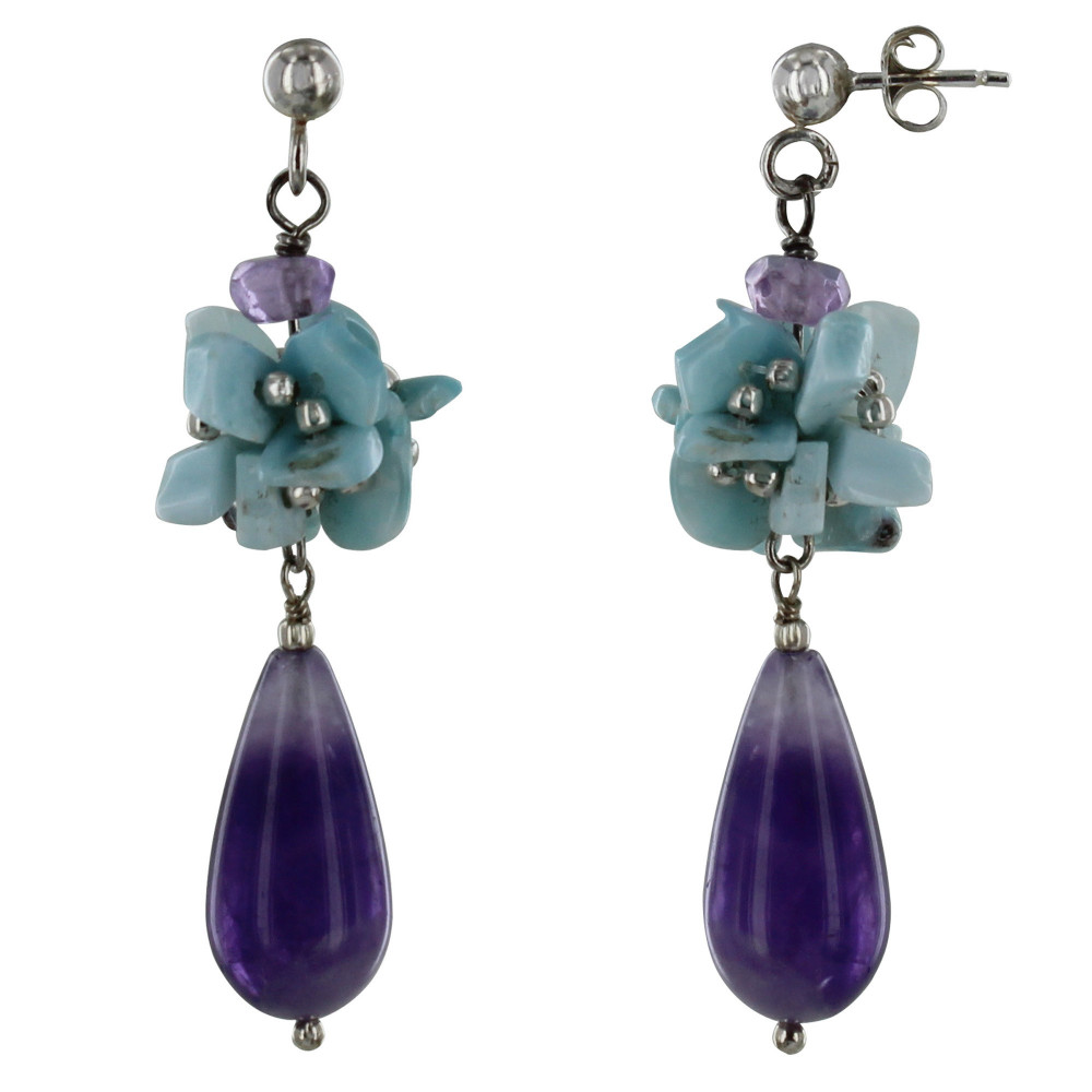 LES POULETTES BIJOUX Boucles d'Oreilles Argent Goutte d'Améthyste et Larimar