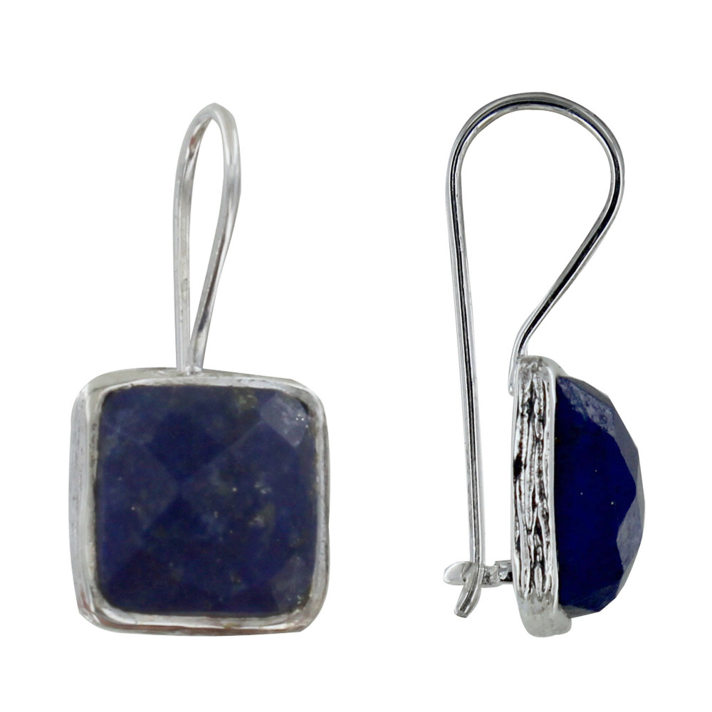 LES POULETTES BIJOUX Boucles d'Oreilles Argent Crochet Carré Facettée de Lapis Lazuli