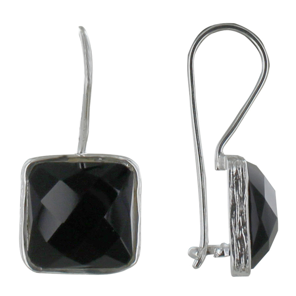 LES POULETTES BIJOUX Boucles d'Oreilles Argent Crochet Carré Facettée d'Onyx Noir