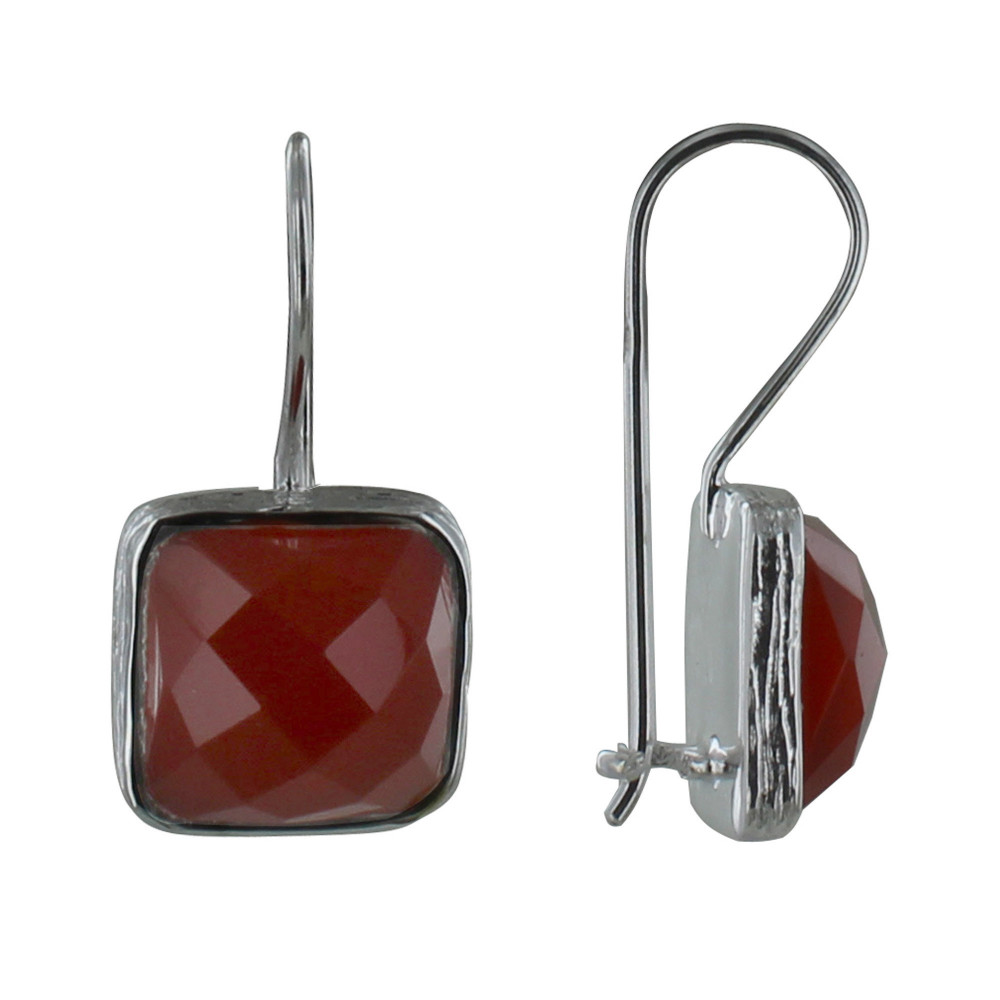 LES POULETTES BIJOUX Boucles d'Oreilles Argent Crochet Carré Facettée d'Agate Rouge