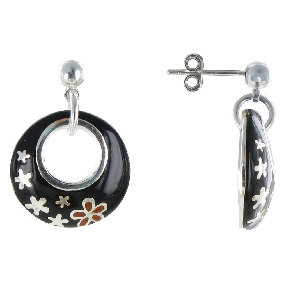LES POULETTES BIJOUX Boucles d'Oreilles Plaqué Argent Cercle Résine Noire et Fleurs