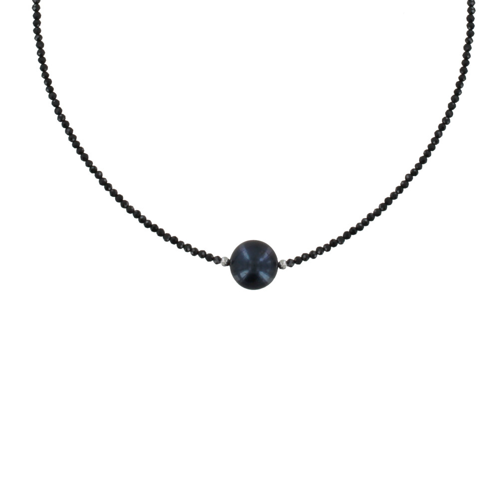 LES POULETTES BIJOUX Collier Argent Rhodié Perle de Culture Gris Noire 11mm et Spine