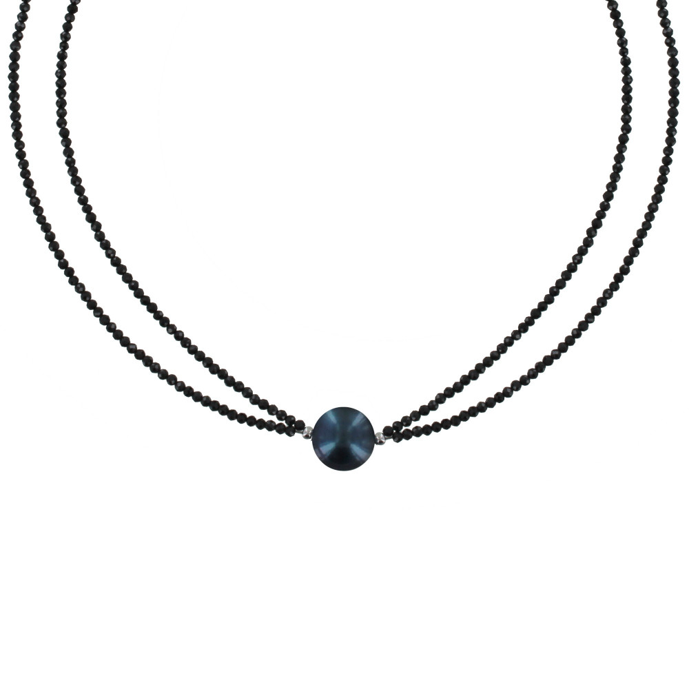 LES POULETTES BIJOUX Collier Argent Rhodié Perle de Culture Gris Noire 11mm et Doubl