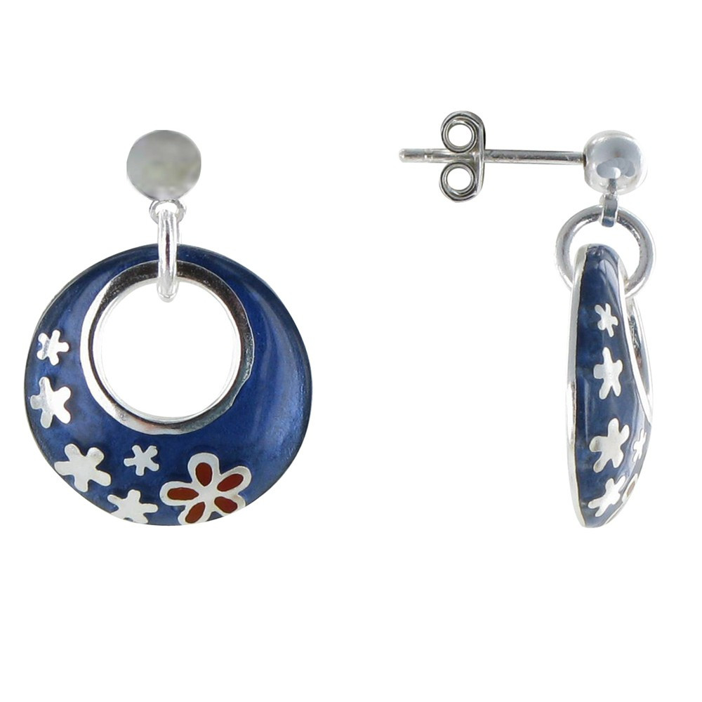 LES POULETTES BIJOUX V Boucles d'Oreilles Plaqué Argent Cercle Résine Bleue et Fleur
